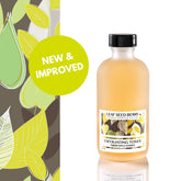 Skin toner bottle with yellow liquid, black cap, and LeafSeedBerry label, with leaf pattern background