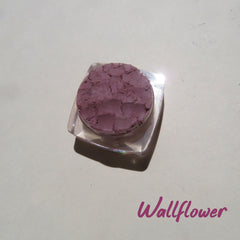 Close-up of matte purple mineral eyeshadow in a small round jar with black lid, showcasing loose pigment texture.