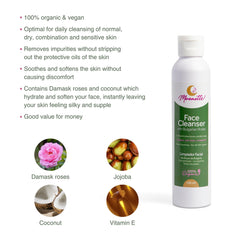 Face cleanser bottle, white plastic, green label, Moonette branding, for cleansing skin