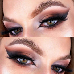 Close-up of shimmery taupe and champagne eyeshadow duo with smooth, blendable powder texture in compact palette