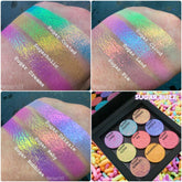 Multichrome Sugar Buzz eyeshadows in shifting iridescent hues with sleek black compact packaging