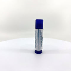 Lip balm tube with blue cap and white label, Great Lakes Lavender Farm brand
