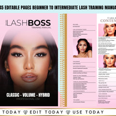 Close-up of lash extension manual with beginner-friendly diagrams and editable certificate templates in Canva