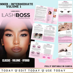 Close-up of lash extension manual with Canva-editable certificate template, angled to show step-by-step diagrams