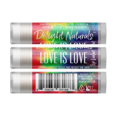 Lip balm tubes with rainbow pattern, Delight Naturals text, and white applicator end.