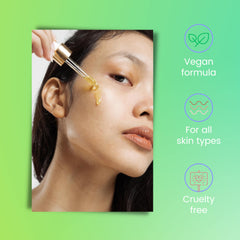 Skincare serum with gold dropper applying to face, vegan formula, cruelty-free
