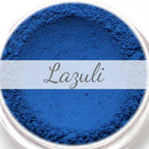 Eyeshadow sample, matte blue powder, "Lazuli" text on white band, in clear container
