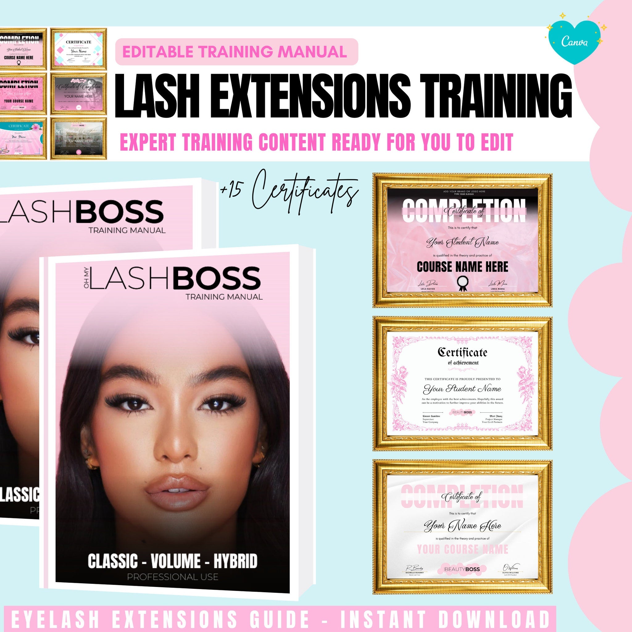 Beginner-friendly eyelash extensions manual with modern pink cover and gold lettering