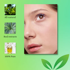 Woman's face with brown eyes and blue mascara, pink lips, and green background with leaves
