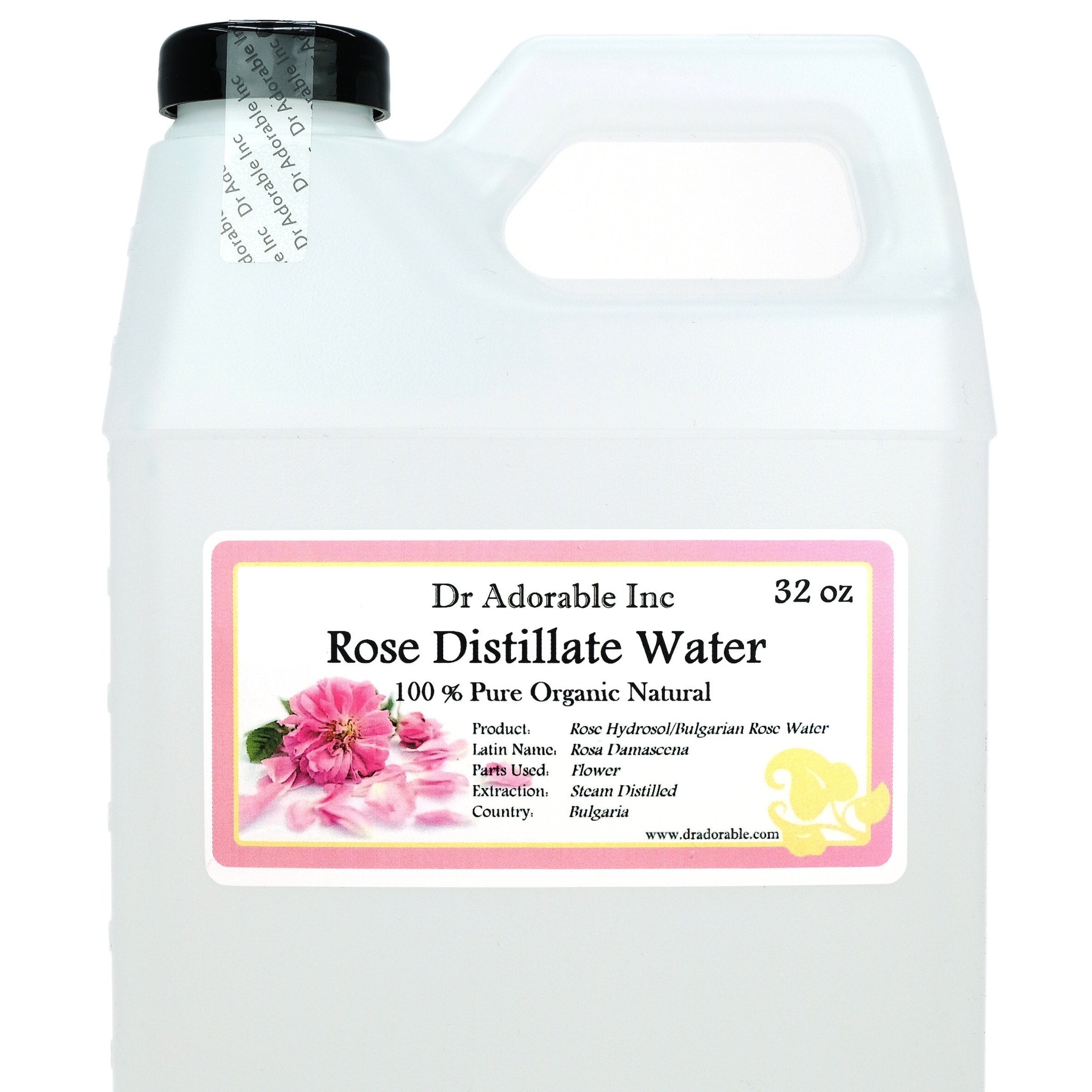 Toner bottle with black cap, white plastic, and pink label with Dr Adorable text
