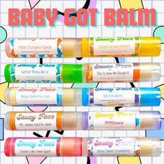 Lip balms with colorful tubes and Saucy Face branding, for lip care