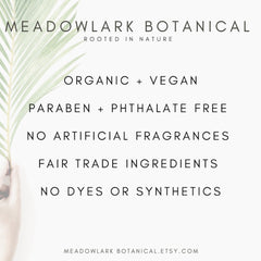 Meadowlark Botanical product information on white background with green leaf and black text