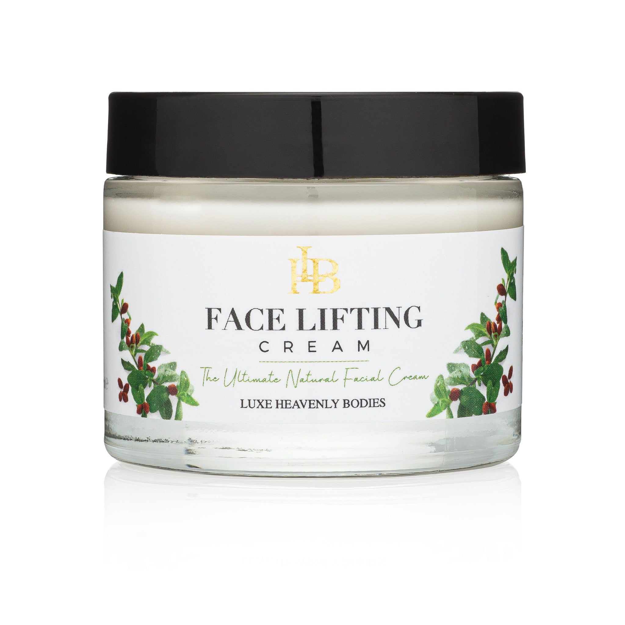Face lifting cream jar with black lid and white label, floral accents, Blackbloxie-LHBSKIN