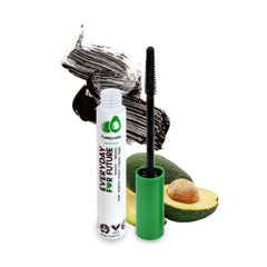 Mascara with black brush, white tube, and green cap, Yummycado brand