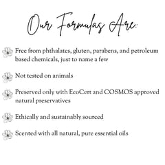 Callista Naturals text on white background with floral illustrations, describing formulas