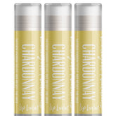 Lip balm three pack with yellow and white tubes, Chardonnay text visible, and clear caps