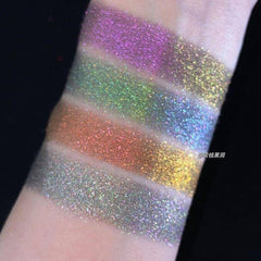 Glitter eyeshadow swatches in purple, green, orange, blue, and gold shades on skin, with Chinese text
