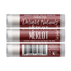 Lip balm Merlot, burgundy and white tube, Delight Naturals branding, for lips