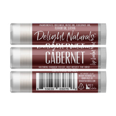 Lip balm Cabernet with burgundy label, Delight Naturals branding, and white tube end