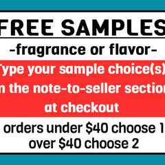 Free samples text on white, red, and teal background, information about choosing samples at checkout.