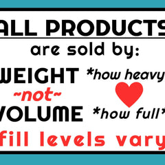 Informative text graphic with black text, red heart, and white/blue background, explaining product weight and volume differences