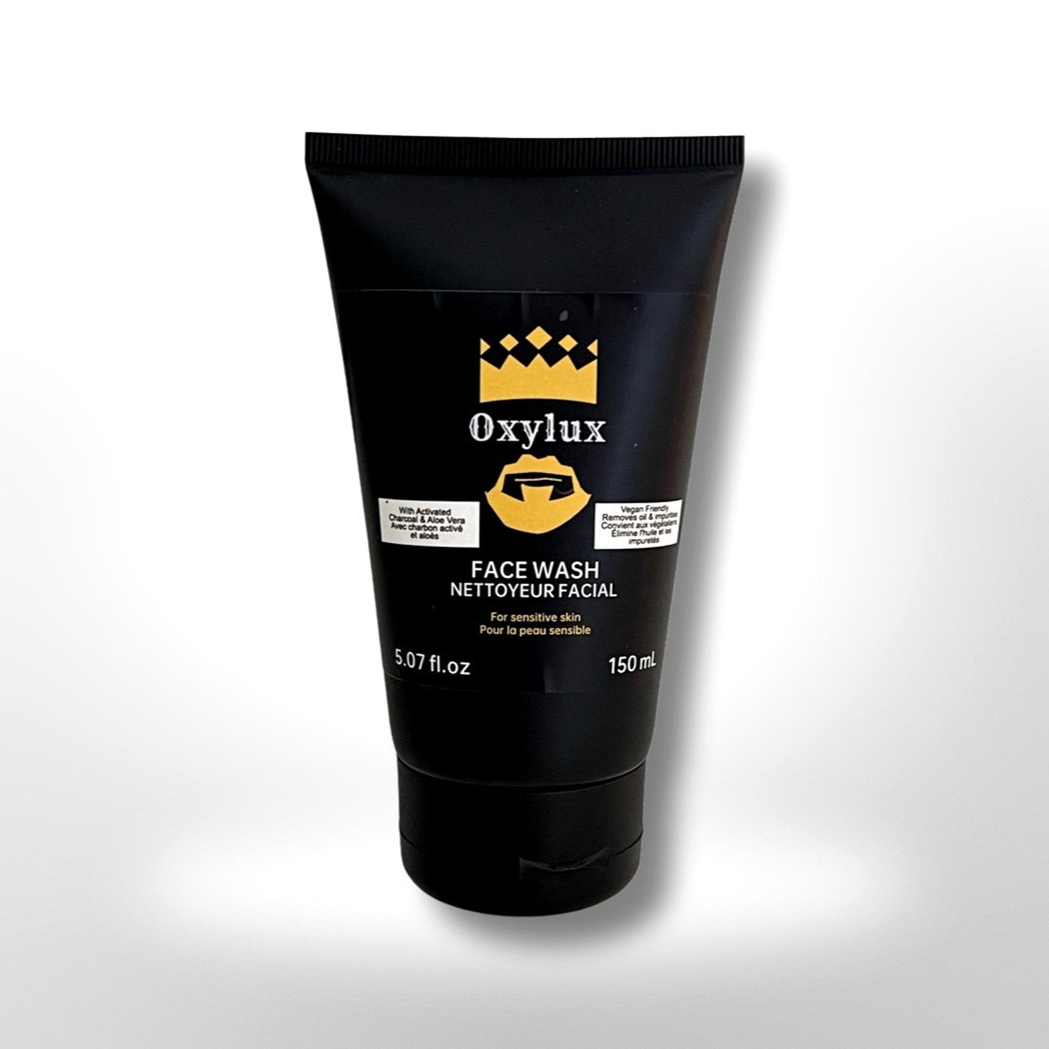 Facial cleanser bottle, black plastic tube, Oxylux brand name, for face wash
