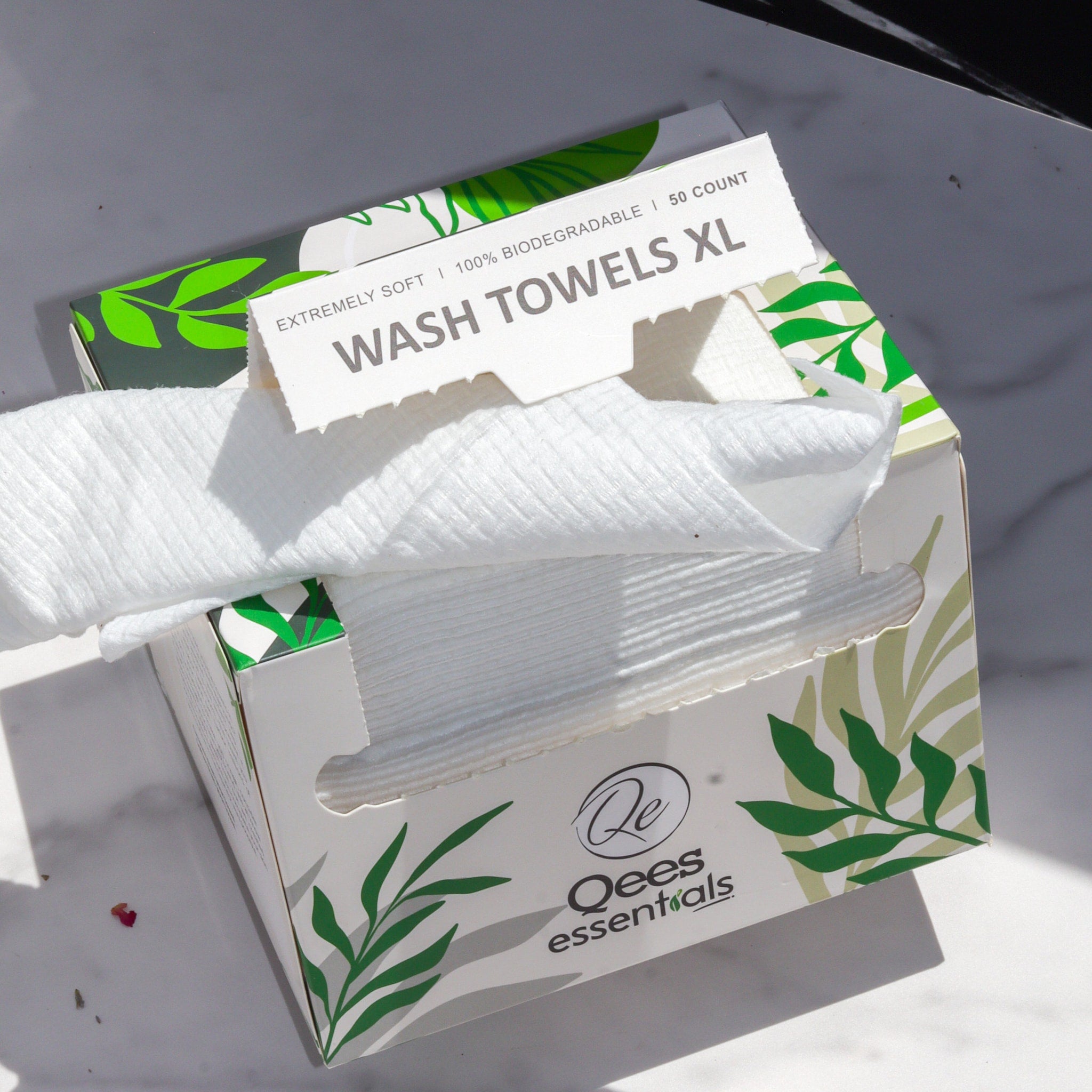 Washcloths white textured paper towels in a box with QeesEssentials logo and leaf design