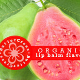Lip balm flavor oil with green and pink guava fruit, Butter Cress branding, red banner