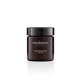 Eye cream jar, brown glass, black lid, Mokann Cosmetics branding