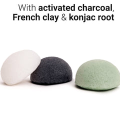 Natural konjac sponge gently exfoliating skin with soft lather in a bathroom setting
