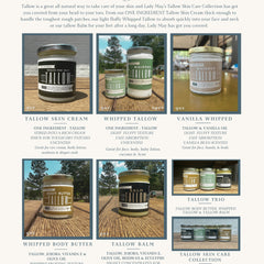 Whipped Tallow jar with green label, white cream, and gold lid on wooden surface
