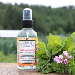 Toner: Clear glass bottle with black cap, Mountain Valley Botanics label, and green foliage