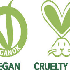 Vegan and Cruelty-Free logos, green and white color scheme, text "Vegan" and "Cruelty Free" below logos.