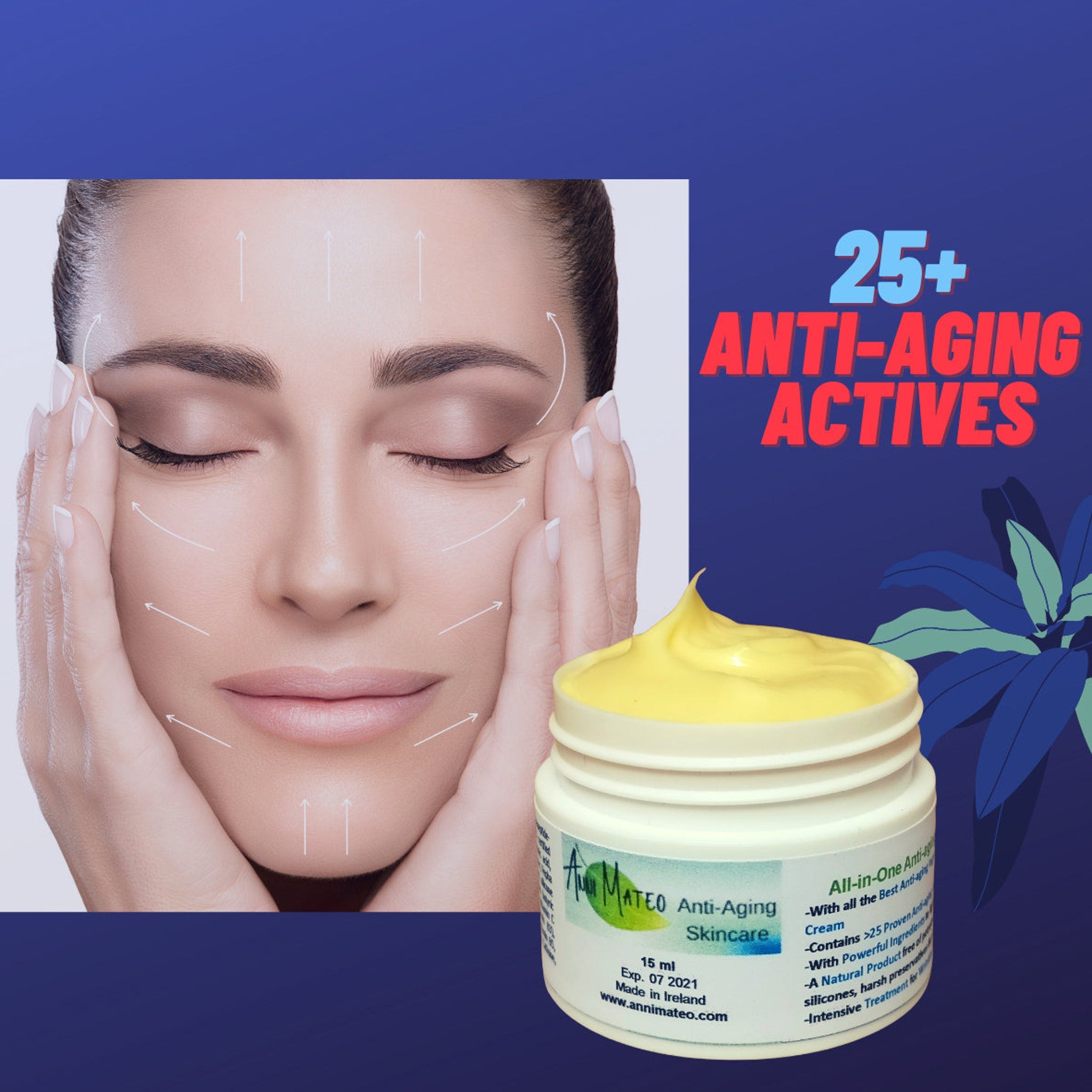 Eye cream jar with yellow cream, white jar, and Anni Mateo label