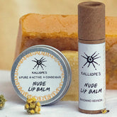 Lip balm jar and stick with Kalliopes branding, silver tin, brown paper tube, white label