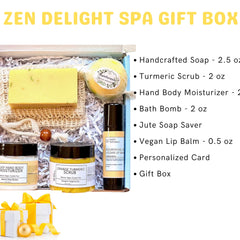 Spa gift box with yellow soap, Nizzy Naturals lip balm, and white gift box with yellow ribbon