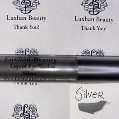 Liquid Eyeshadow silver metallic tube with silver swatch, Luxhan Beauty brand