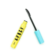 Mascara makeup product with yellow tube, black brush, and blue handle, Mavie. Cosmetics brand