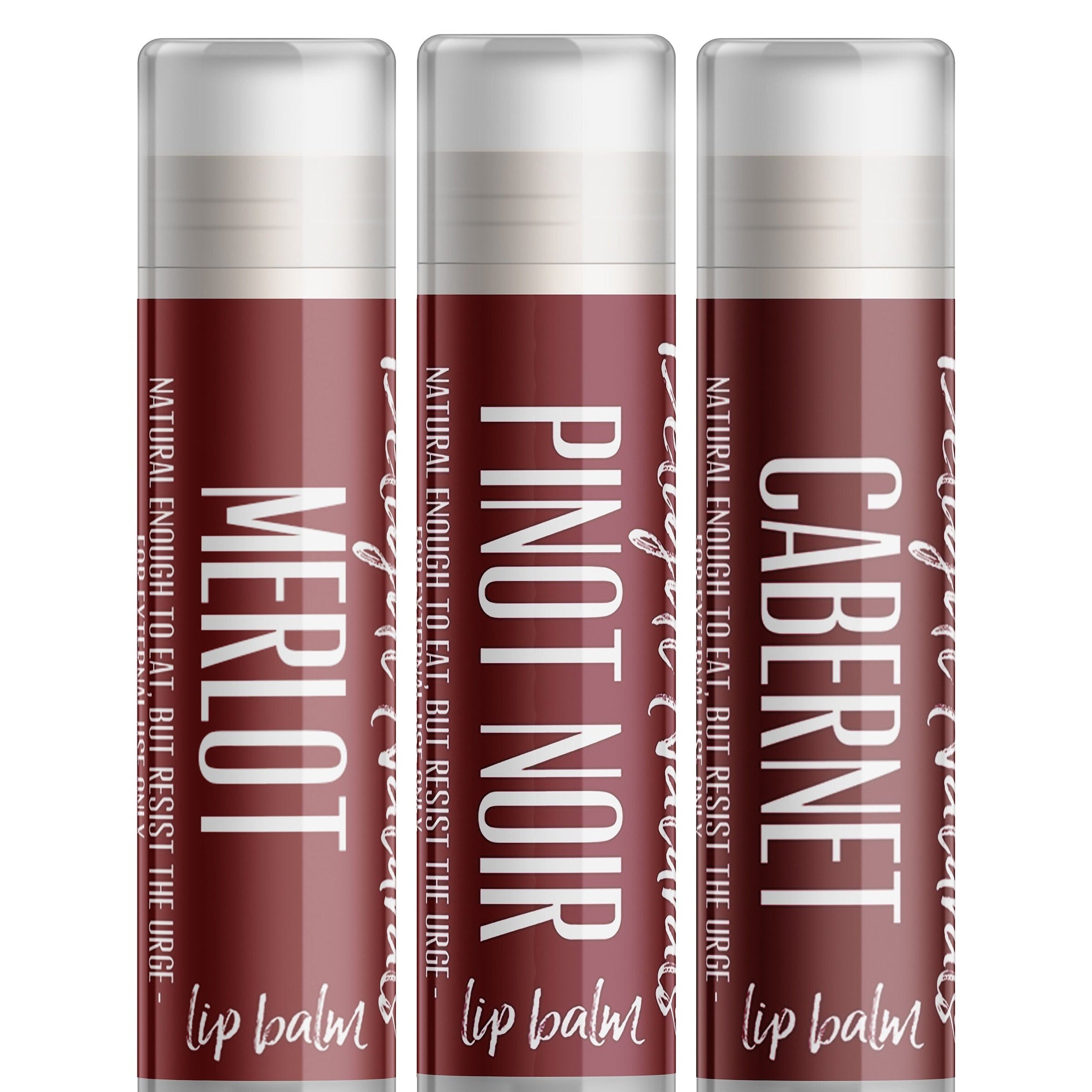 Lip balm set with burgundy tubes, white text, and clear caps, Delight Naturals brand