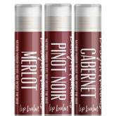 Lip balm set with burgundy tubes, white text, and clear caps, Delight Naturals brand