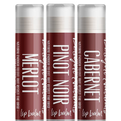 Lip balm set with burgundy tubes, white text, and clear caps, Delight Naturals brand