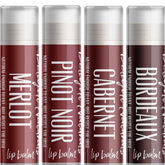 Lip balm tubes in red and white with wine names, Delight Naturals branding