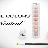 Mineral eye shadow stack with neutral colors in clear plastic containers, True Colors brand