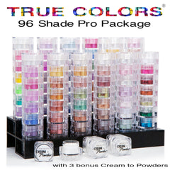 Makeup palette with colorful powder in clear plastic containers, "TRUE COLORS" text visible, includes bonus cream to powder products