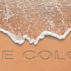 Beach scene with tan sand, white foamy water, and etched text "E COL