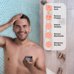 Skincare product with man holding jar, in bathroom setting, with text about skin benefits