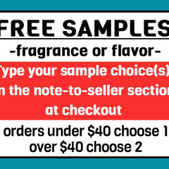 Free samples text on white and red background with black text, teal border, and instructions