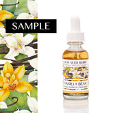 Face serum bottle with clear glass, white dropper, and Leaf Seed Berry label