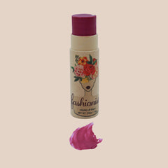 Lip balm with dark pink color, cardboard tube, and "fashionista" branding