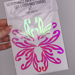 Face and body holo stickers, pink and green iridescent floral design, Vex Beauty brand shown